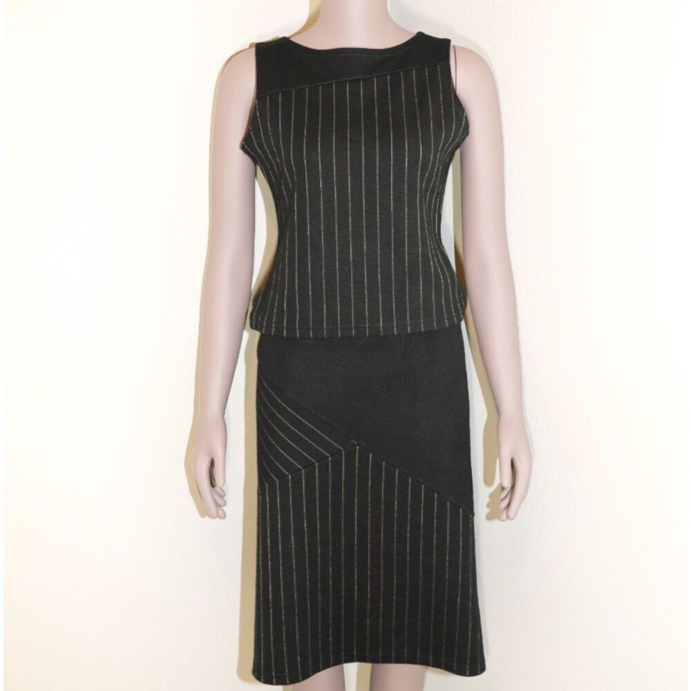 Black Gold Pinstripe Wool Skirt Suit Set Sleeveless Top Pencil Skirt Size S - Picture 1 of 4